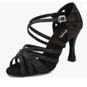 XYD Women Dance Ballroom Latin Jazz Sandals Mid Heels Crystal Rhinestones Black